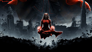 Woman red dress city skyline - a giant demon free wallpaper