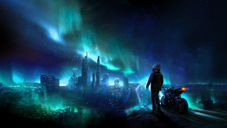 City night aurora motorcycle space - a man free wallpaper