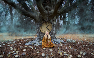 Woman forest clock leaves surreal - surreal photography free wallpaper