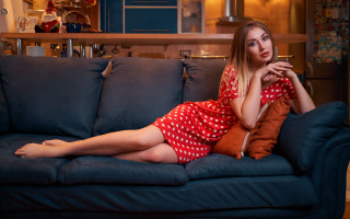 Woman red dress couch living - anna hotchkis free wallpaper