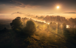 Sunset foggy forest river magic - sunrise free wallpaper