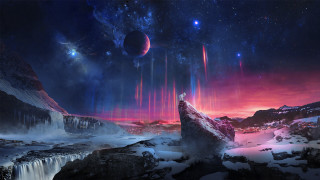 Mountain landscape waterfall starry sky - sky in the background free wallpaper