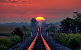 Train track sunset trees red - the side of the track free wallpaper