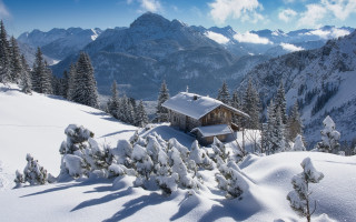 Snowy cabin mountains forest blue - a cabin free wallpaper