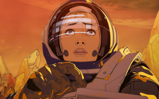 Space suit woman sunset orange - laurie greasley free wallpaper