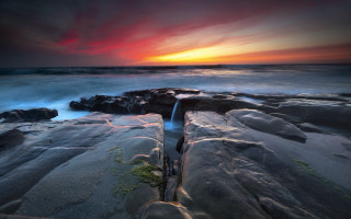 Sunset rocky beach waterfall ocean 3 - the rock free wallpaper