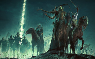 Horses field greenlight darkfantasy bow - a group of people riding free wallpaper