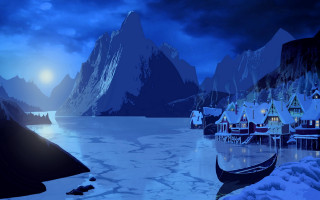 Boat lake night mountains moon - full free wallpaper