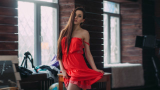 Woman red dress indoor portrait - flowing hair free wallpaper