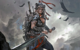 Woman sword helmet birds fantasy - aleksi briclot free wallpaper