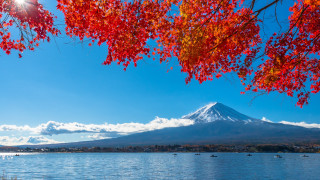 Mountain lake snow capped peak - japan ukiyoe free wallpaper
