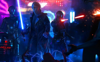Group people dark room robot - cinematic concept art free wallpaper