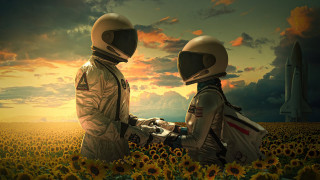 Sunflower field astronauts rocket sunset - solarpunk free wallpaper
