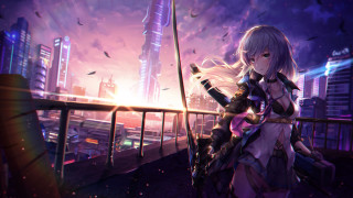 Woman purple sword city night - overhead free wallpaper
