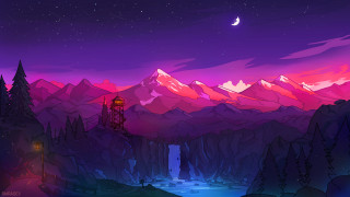 Mountains river tower night moon - a landscape free wallpaper