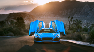 Blue sports car mountains sunset 2 - the car free wallpaper