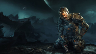 Futuristic man sitting rocky ground - a dark sky free wallpaper