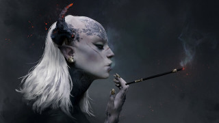 White haired woman smoking fantasy - her mouth and a cigarette free wallpaper