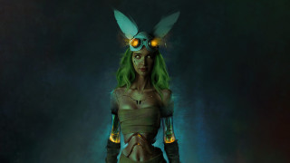 Green haired woman glowing eyes - a costume free wallpaper