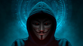 Creepy hooded face glowing red - free cyberpunk wallpaper