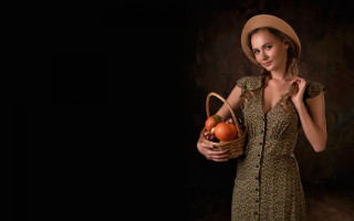 Woman dress hat basket fruit - a basket of fruit free wallpaper