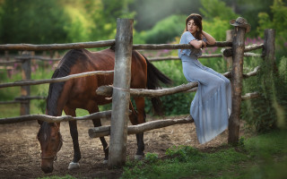 Woman blue dress fence horse 2 - a horse free wallpaper