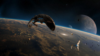 Space station flying over planet 3 - over a planet free wallpaper
