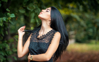 Woman black hair black dress 3 - flowing hair free wallpaper