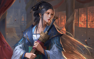 Woman blue dress sword red - a sword free wallpaper for desktop
