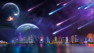 City skyline stars aurora moon - space art free wallpaper for desktop