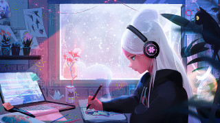 Girl headphones writing cat window - art station free wallpaper