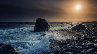 Rock sunset mountain ocean water - wave free wallpaper