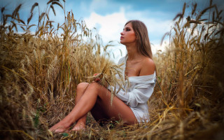 Woman wheat field sky sitting - impressionist free wallpaper