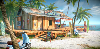 Beach shack scooter man standing - outside free wallpaper