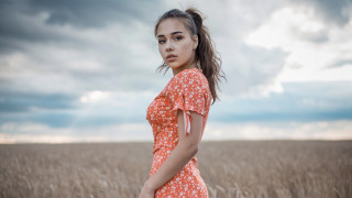 Woman dress field cloudy sky - tall grass free wallpaper