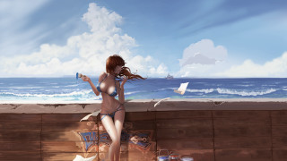 Woman bikini ocean lake dock - a ledge next free wallpaper