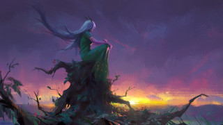 Woman green dress sunset tree - a painting of a woman free wallpaper