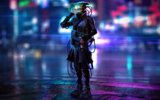 Futuristic man city street night - cyberpunk art free wallpaper