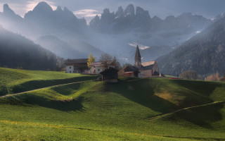 Church hill mountains fog landscape - a church free wallpaper