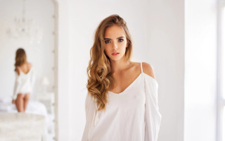 Woman white shirt standing room - her free wallpaper