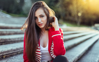 Woman steps wind red jacket - portrait photography free wallpaper