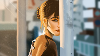 Woman leaning pole aurora fireworks - art station free wallpaper