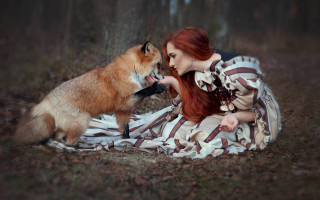 Woman dress petting dog woods - a blanket free wallpaper for desktop