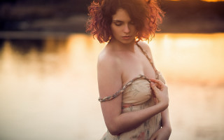 Woman red hair lake dress - impressionist free wallpaper