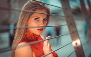 Woman red dress window blue - a hand free wallpaper