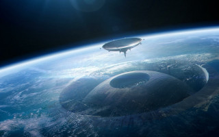 Space station over planet sunset - matte painting concept art free wallpaper