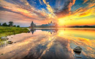Castle sunset water rocks landscape - rock free wallpaper