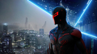 Futuristic man neon cityscape energy - matte painting concept art free wallpaper