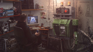 Cyberpunk man desk computer monitor - 8 k concept art free wallpaper