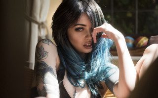 Blue haired woman tattoo rococo - tattoo free wallpaper